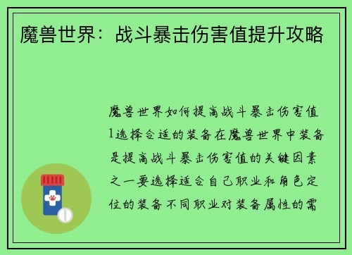 魔兽世界：战斗暴击伤害值提升攻略
